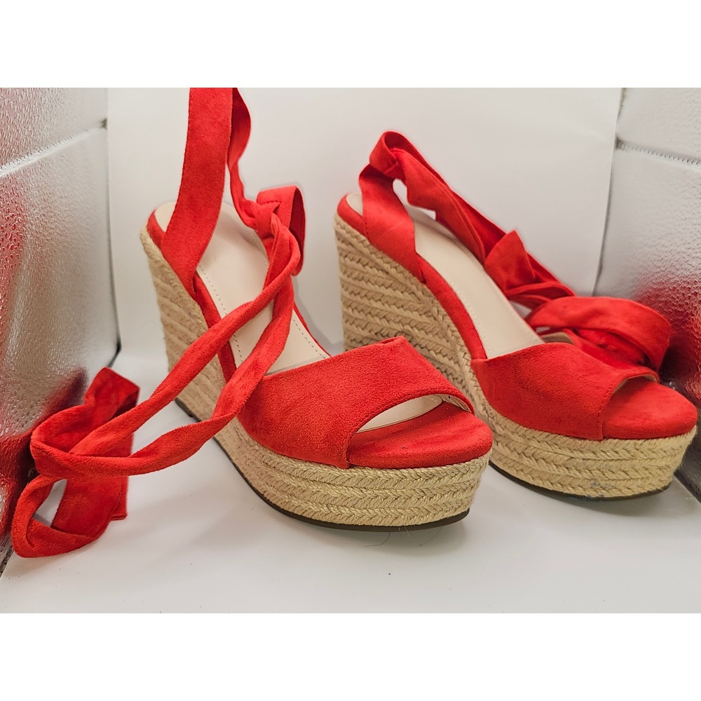 ZBY Red Faux Suede Espadrille Wedge Sandals Ankle Tie Wrap Platform 6